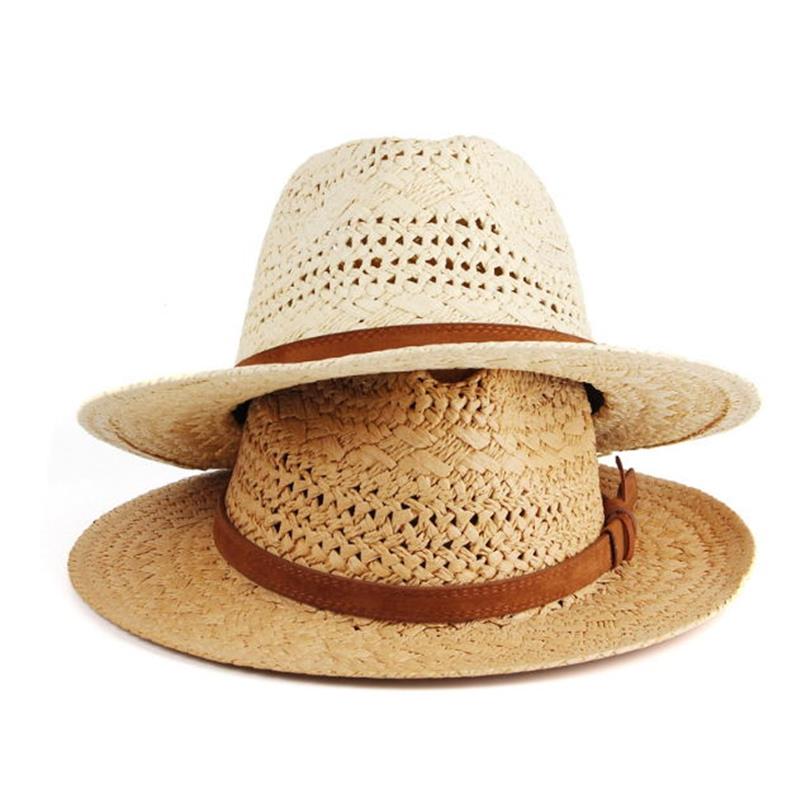 女式男式纸夏季太阳沙滩草编软呢帽户外宽檐帽带