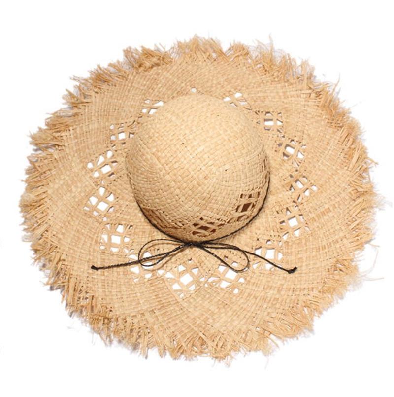 女式手​​工制作拉菲草草帽超大号宽边粗边粗草帽夏季太阳沙滩帽遮阳帽