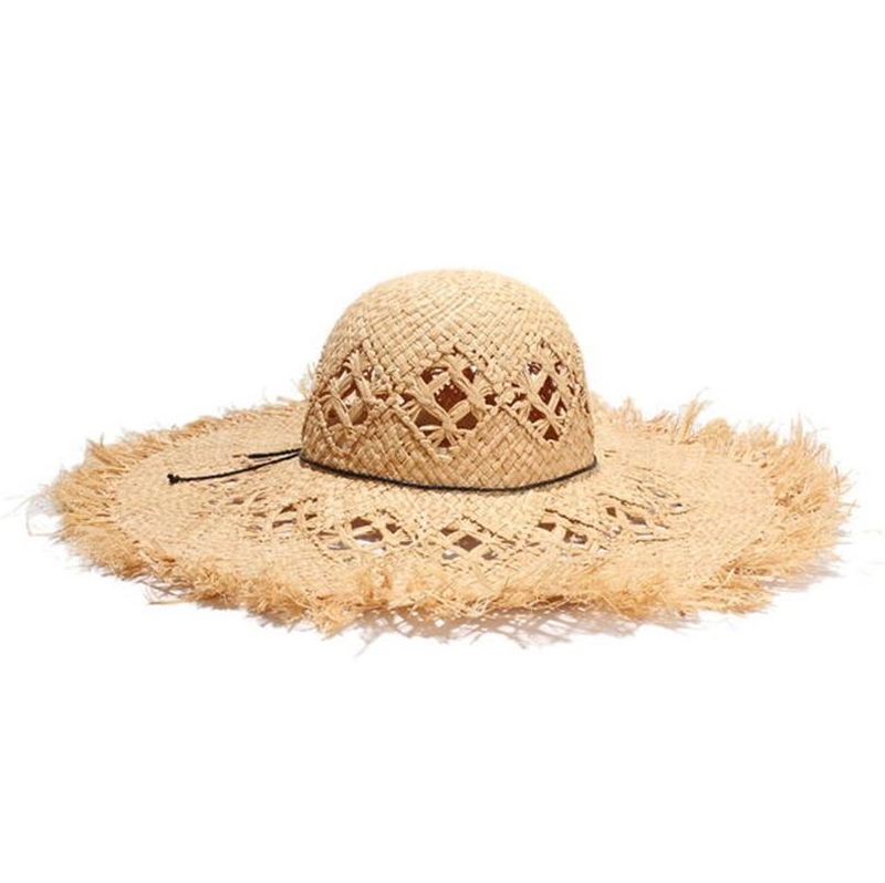 女式手​​工製作拉菲草草帽超大號寬邊粗邊粗草帽夏季太陽沙灘帽遮陽帽